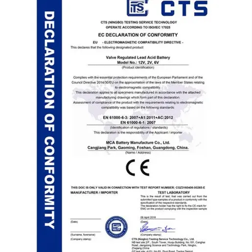 Certificate ce for RLA battery